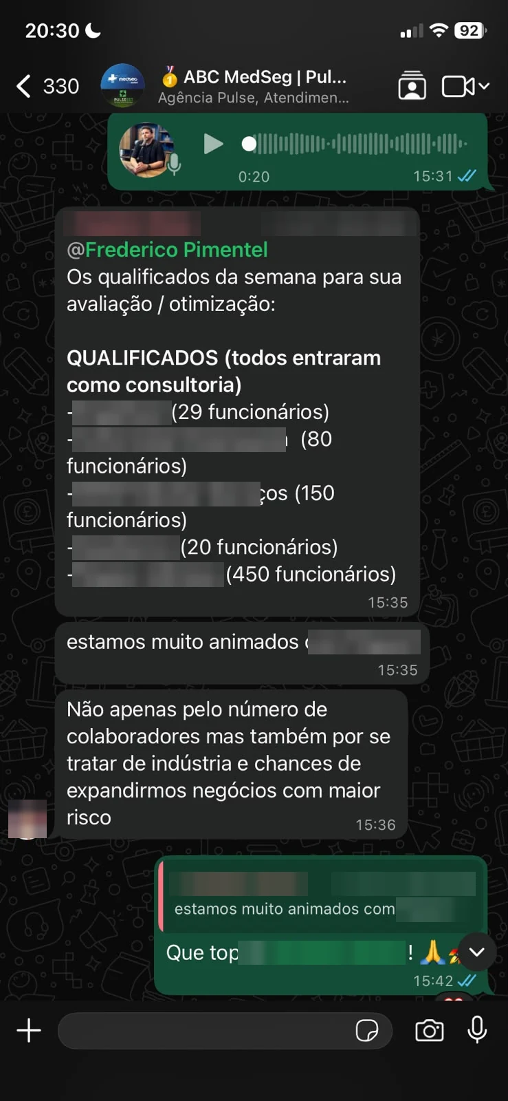Print de conversa no WhatsApp listando cinco leads qualificados da semana, com os nomes das empresas tarjados e o número de colaboradores de cada uma visível: 29, 80, 150, 20 e 450.