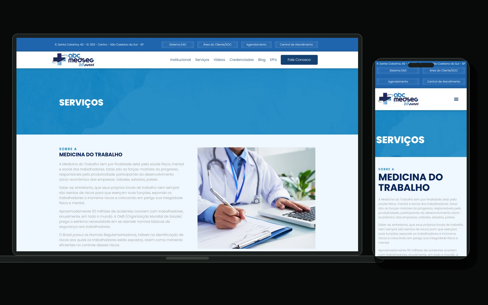 Página de Medicina do Trabalho do site da ABC MedSeg em notebook e celular