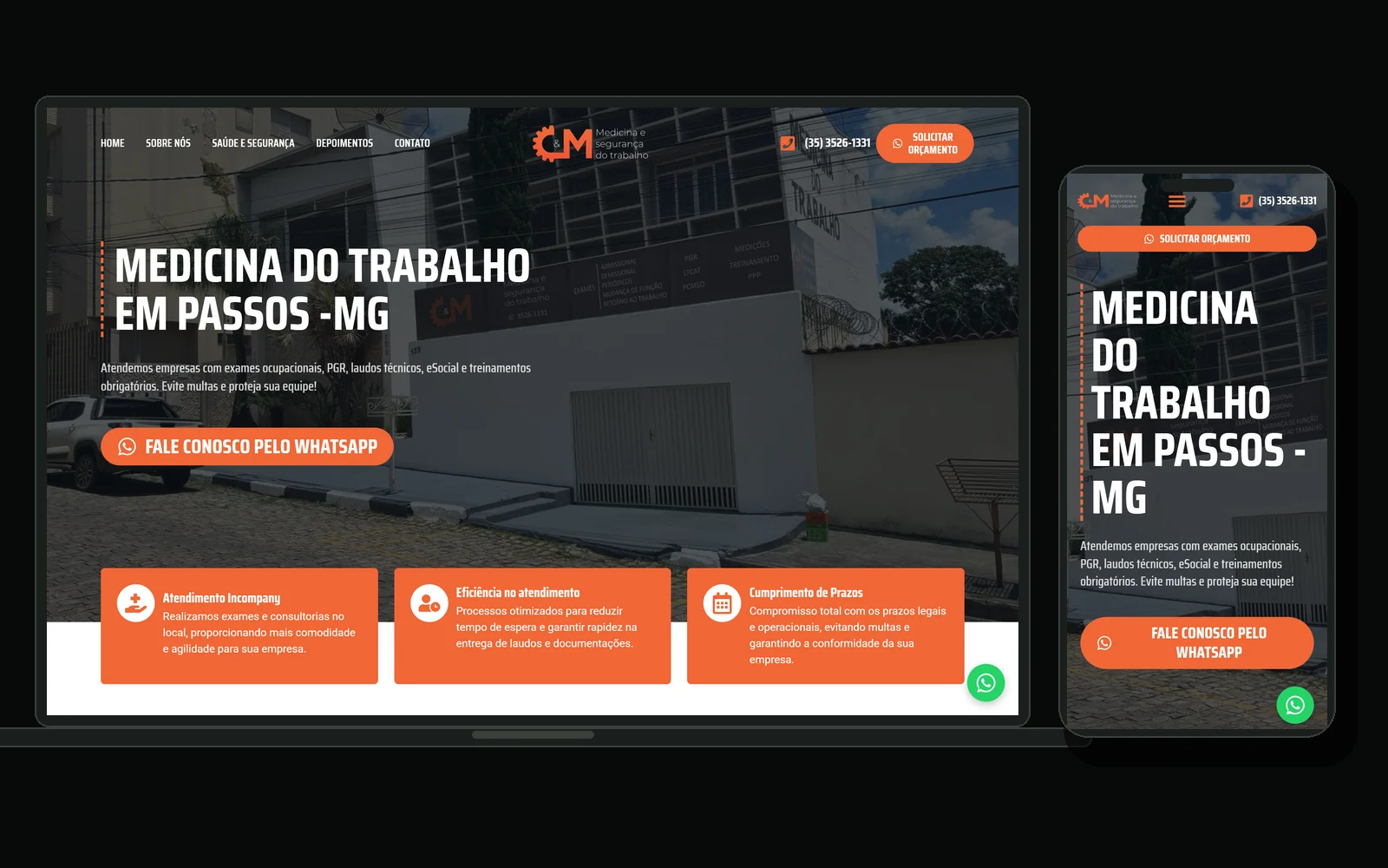 Site da C&M Medicina e Segurança do Trabalho em notebook e celular, com a página de medicina do trabalho em Passos, Minas Gerais.