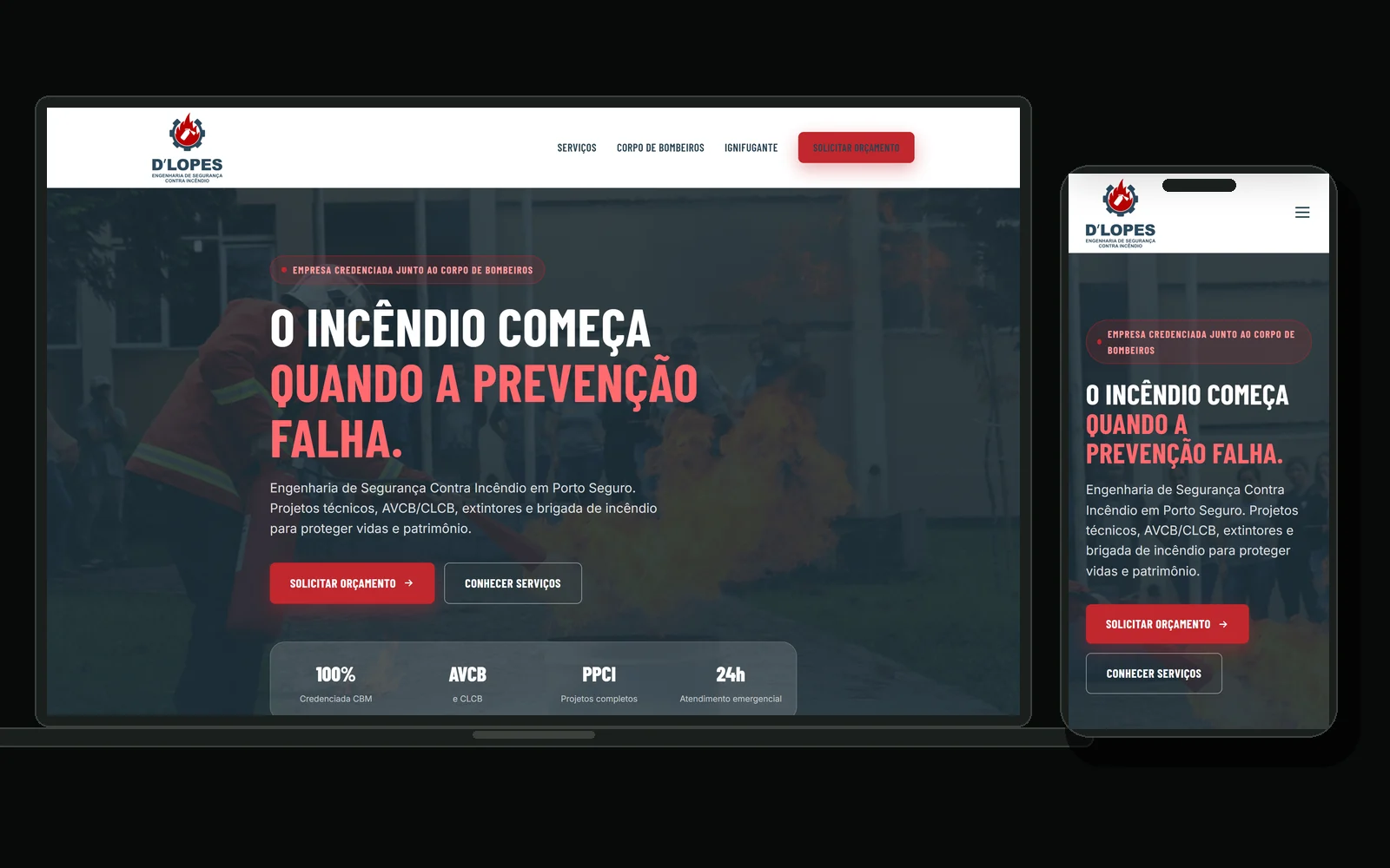 Site da D'Lopes Engenharia de Segurança Contra Incêndio em notebook e celular, com a página de projetos e AVCB em Porto Seguro.
