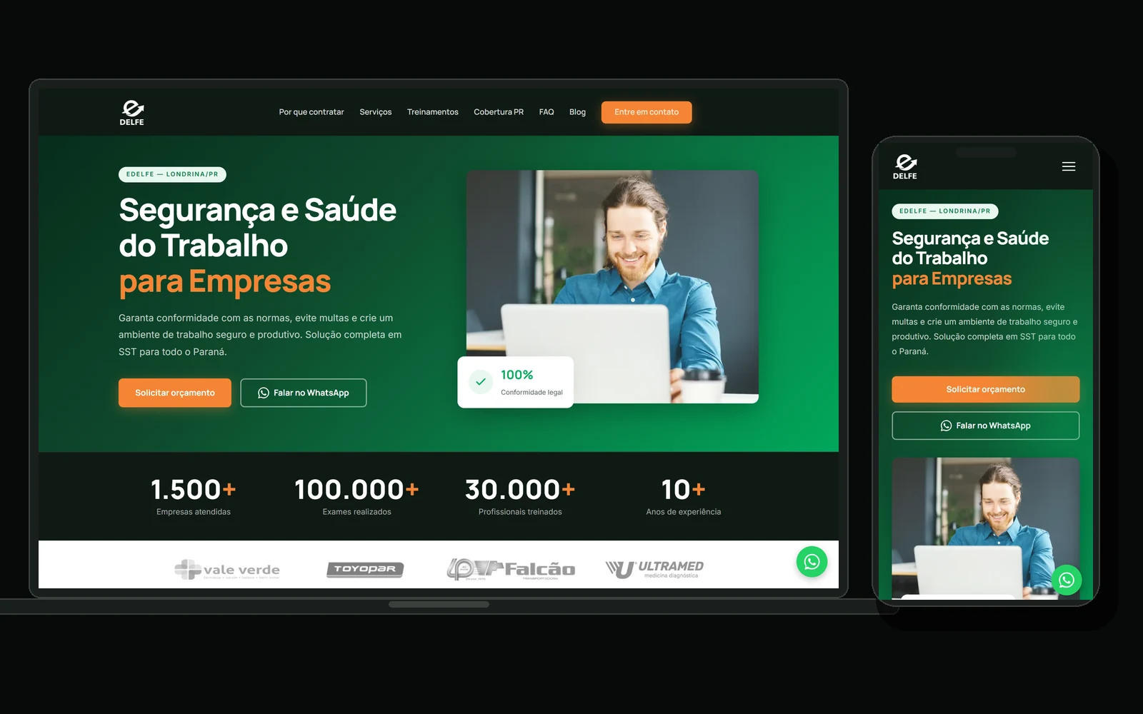 Site da eDelfe em notebook e celular, com a página de consultoria em segurança e saúde do trabalho para empresas em Londrina.