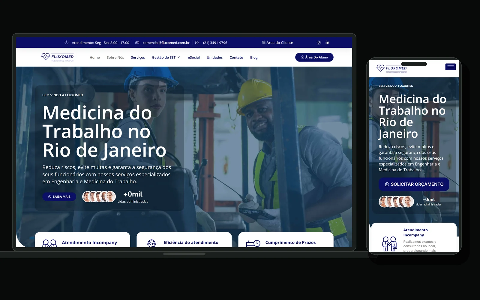 Site da Fluxomed em notebook e celular, com a página de medicina do trabalho no Rio de Janeiro.