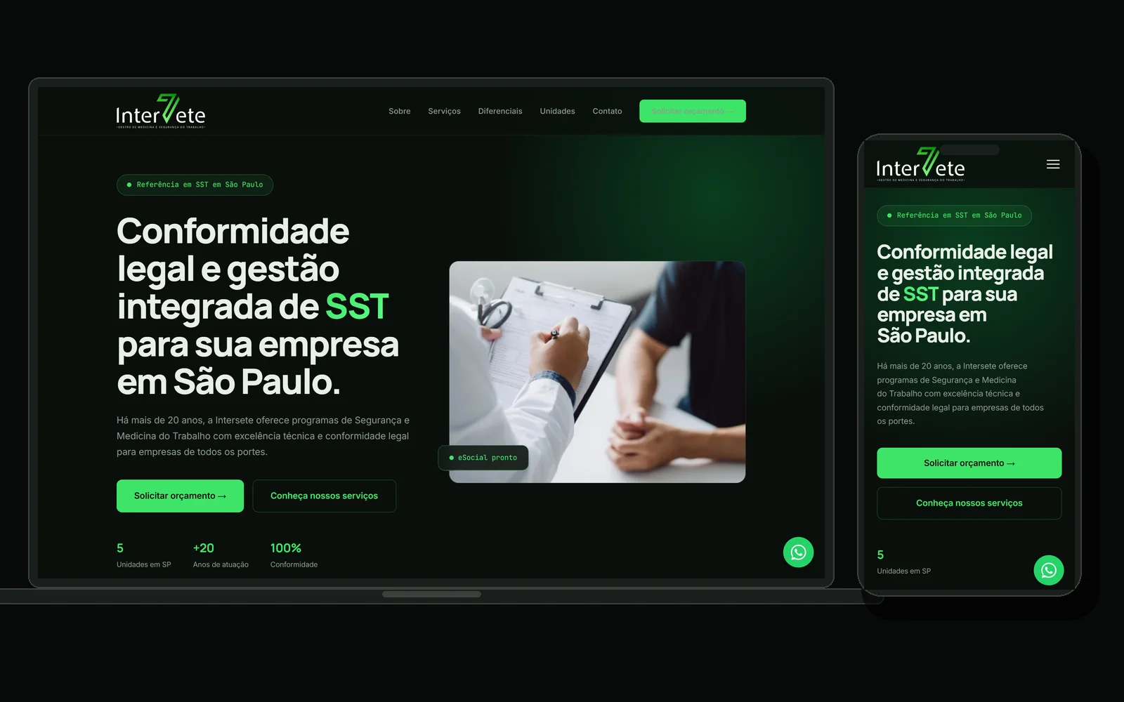 Site da Intersete Ocupacional em notebook e celular, com a página de conformidade legal e gestão integrada de SST em São Paulo.