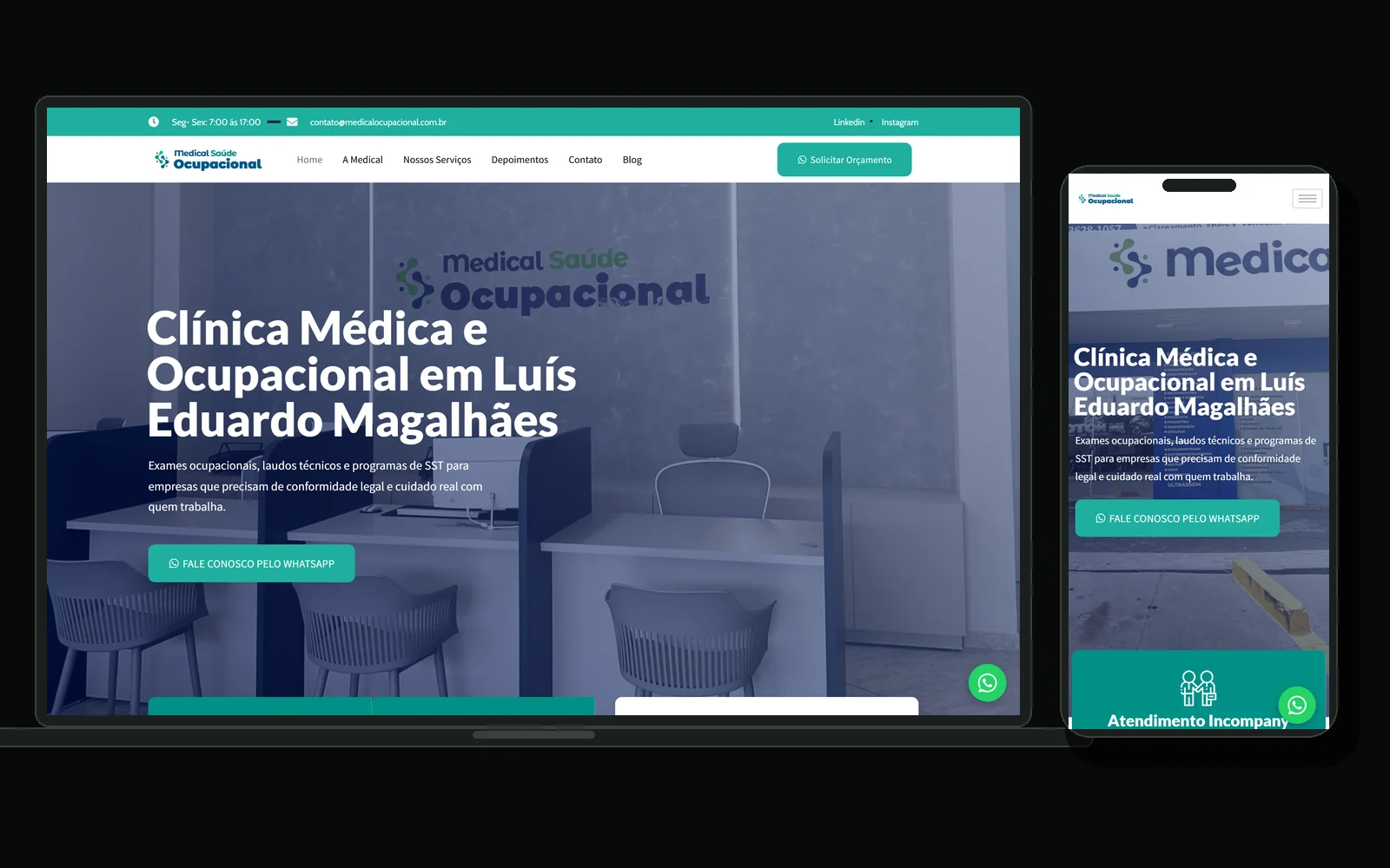 Site da Medical Saúde Ocupacional em notebook e celular, com a página da clínica em Luís Eduardo Magalhães.