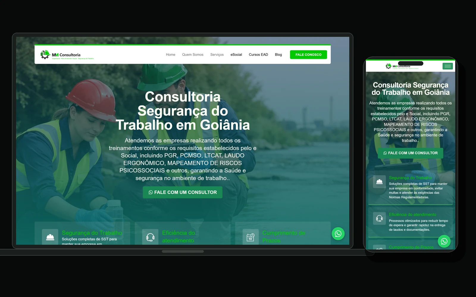 Site da MM Consultoria em notebook e celular, com a página de consultoria em segurança do trabalho em Goiânia.