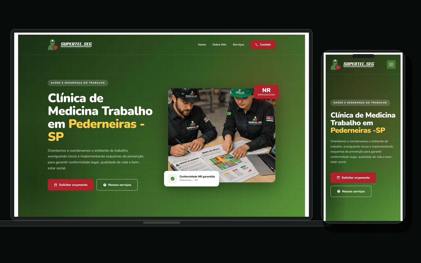 Site da Supertec Seg em notebook e celular, com a página da clínica de medicina do trabalho em Pederneiras.