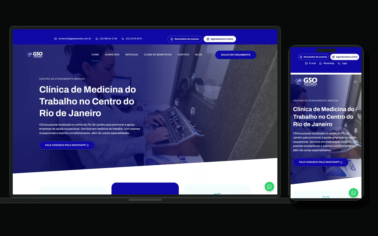 Site da GSO Exames em notebook e celular, com a home da clínica de medicina do trabalho no Centro do Rio de Janeiro.