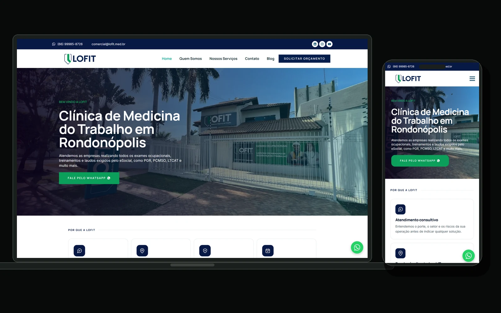 Site da Lofit em notebook e celular, com a home da clínica de medicina do trabalho em Rondonópolis.
