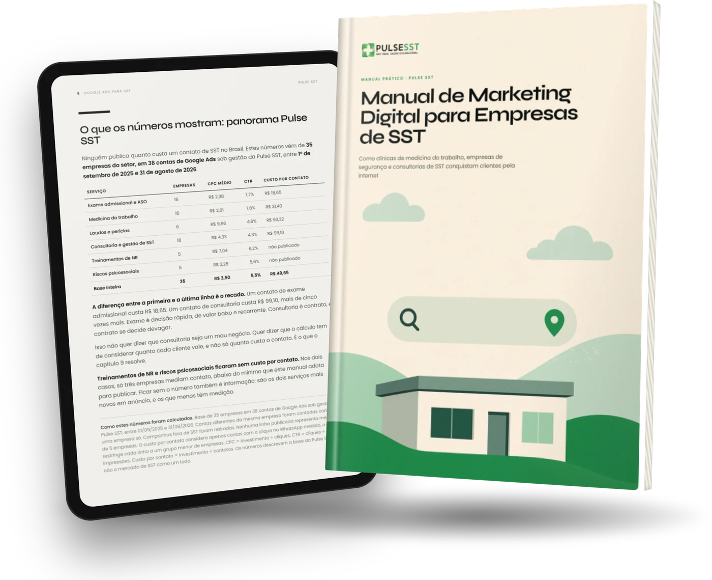 Mockup do Manual de Marketing Digital para Empresas de SST: o livro com a capa da Pulse SST e um tablet aberto na página do panorama de custos