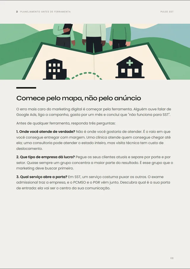 Página do capítulo 2, Comece pelo mapa e não pelo anúncio, com ilustração de uma empresa e uma clínica