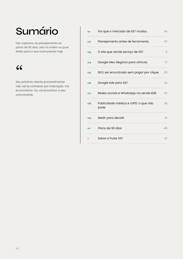 Página do sumário do manual, com os 10 capítulos e o número da página de cada um